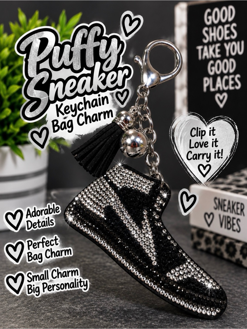 Black Rhinestone Puffy Sneaker Keychain Bag Charm